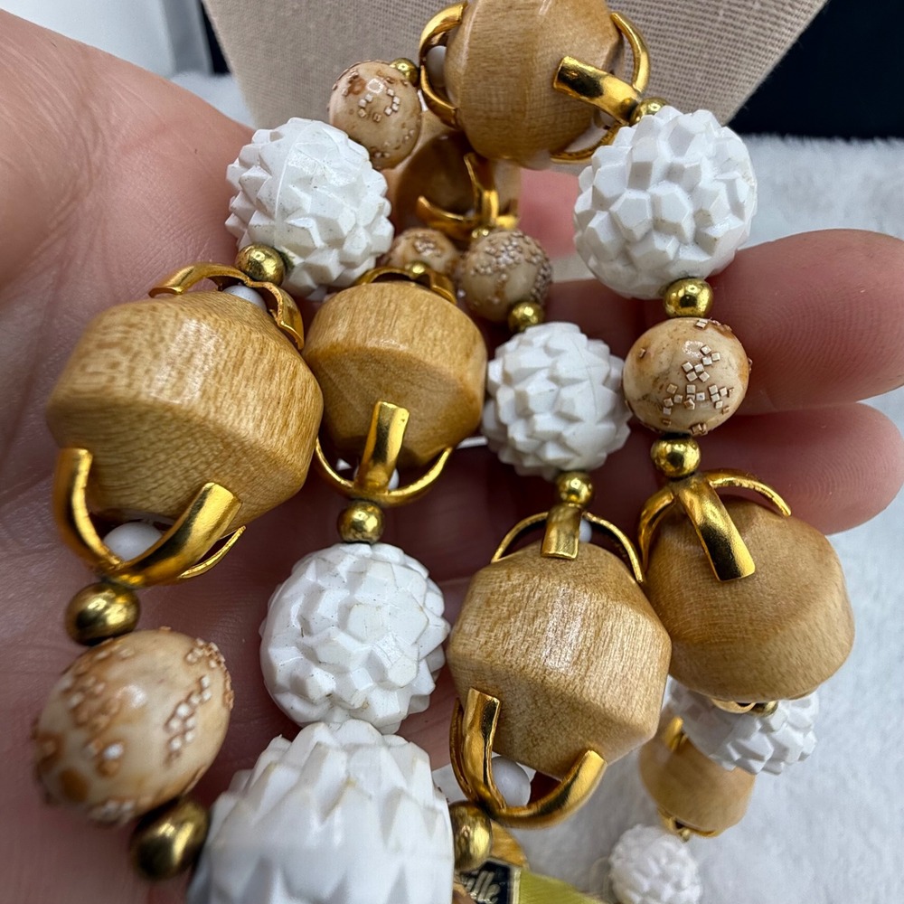 Vintage Deauville Necklace Earring Set Brown White Wood Bead Textured‎ MCM 24"